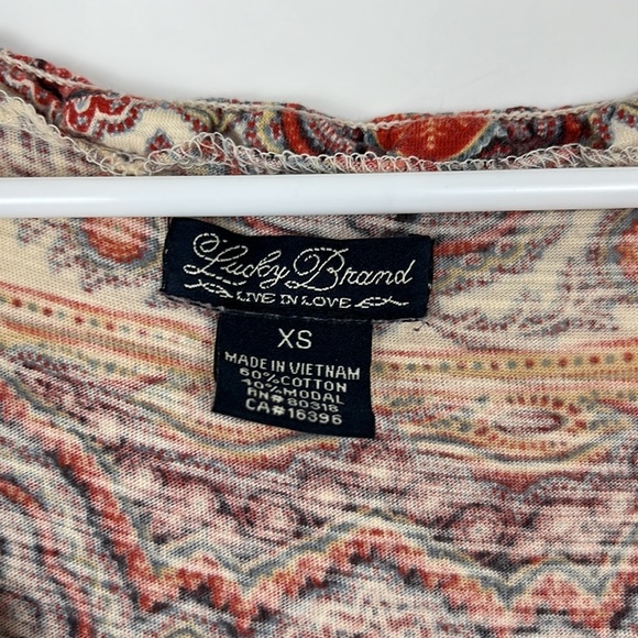 LUCKY BRAND Boho 3/4 sleeve top medallion design orange & cream metal bu… - Picture 3 of 10